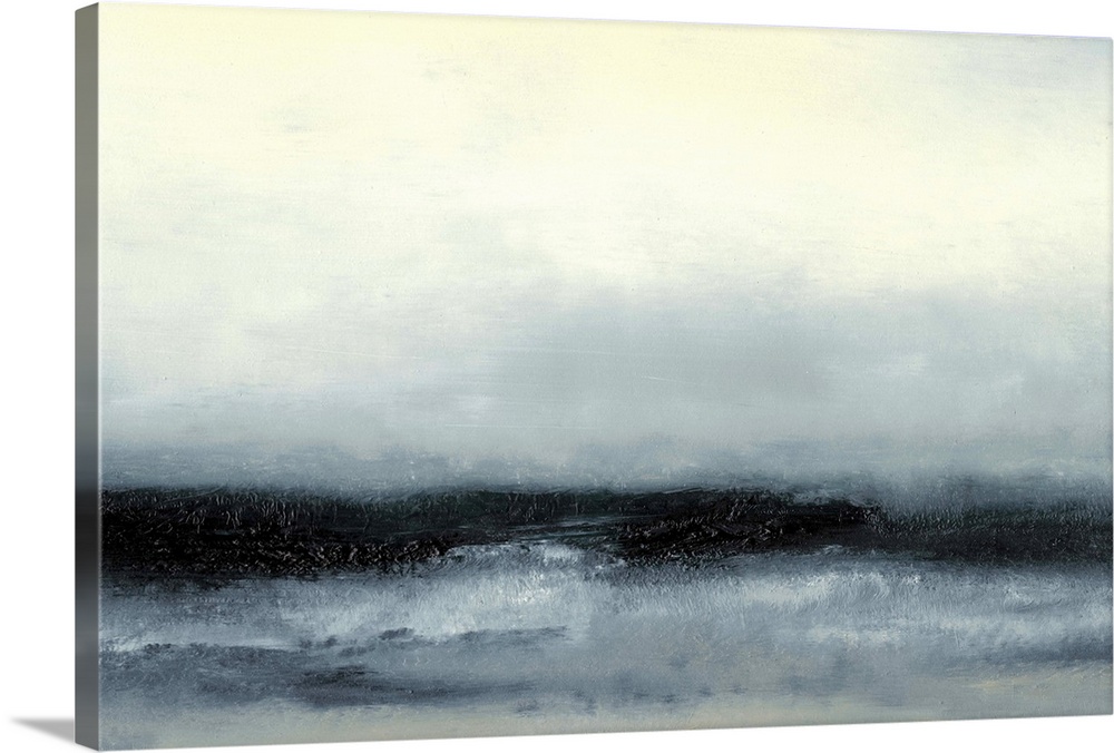 Abstract seascape painting with dark water under a pale sky.