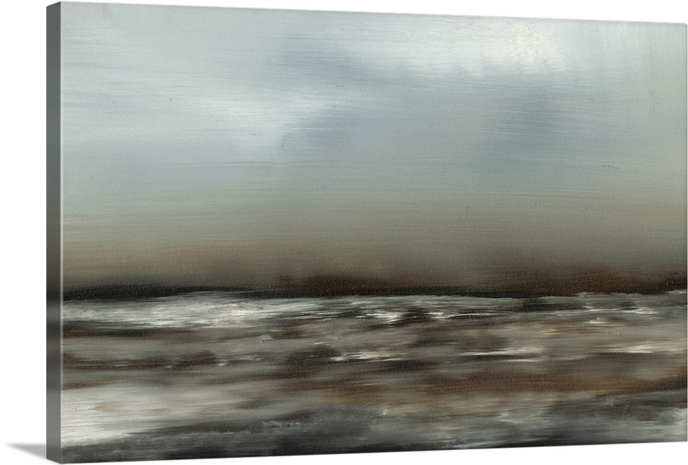 Contemporary oceanscape painting of dark seawater under a pale sky.