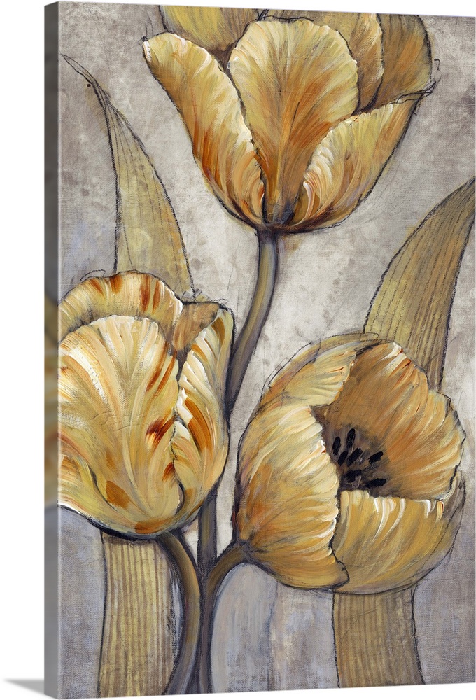 Lively brush strokes create warm golden tulips over a textured gray background.