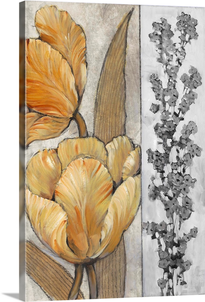 Lively brush strokes create warm golden tulips over a textured gray background with strip of gray flowers on the right side.