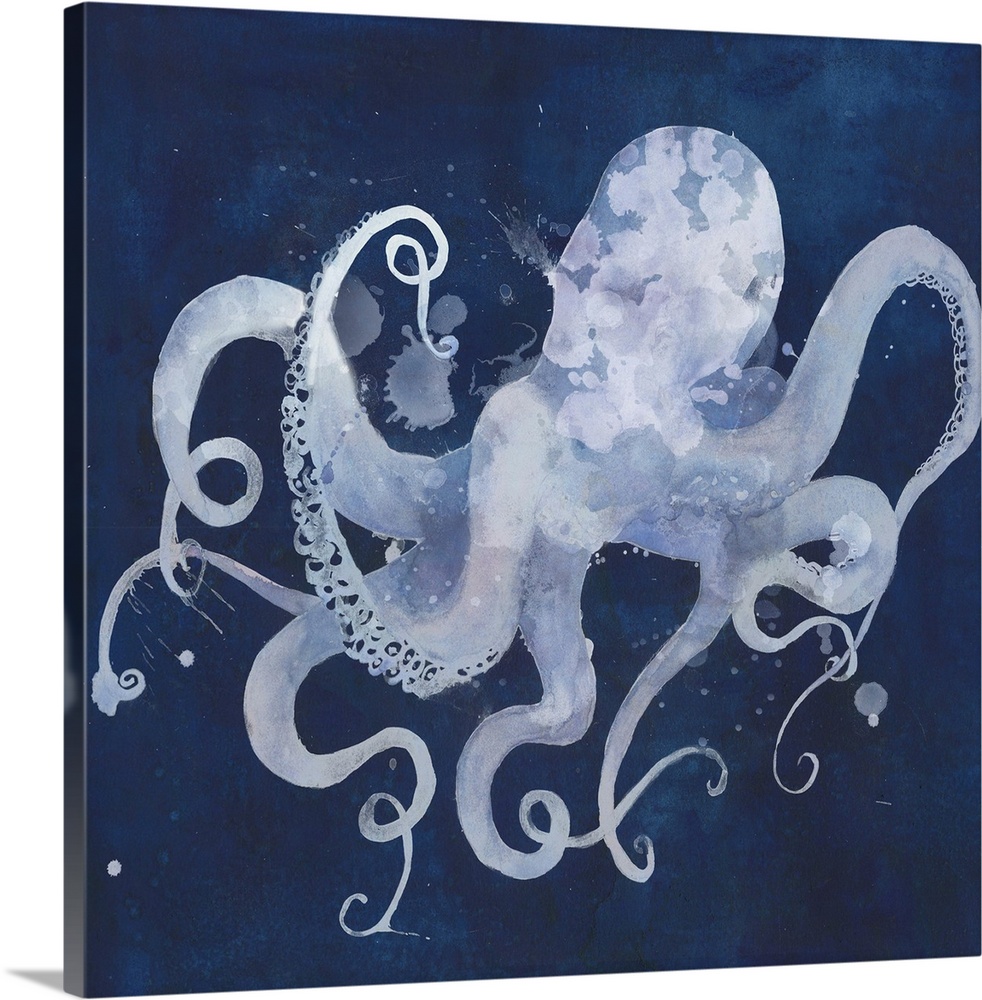 Watercolor silhouette of an octopus on a dark blue background.