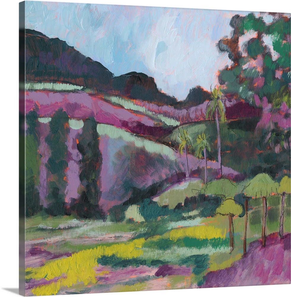 Inspired by an impressionist artist, this countryside landscape painting features a bold palette of pink and green shades.