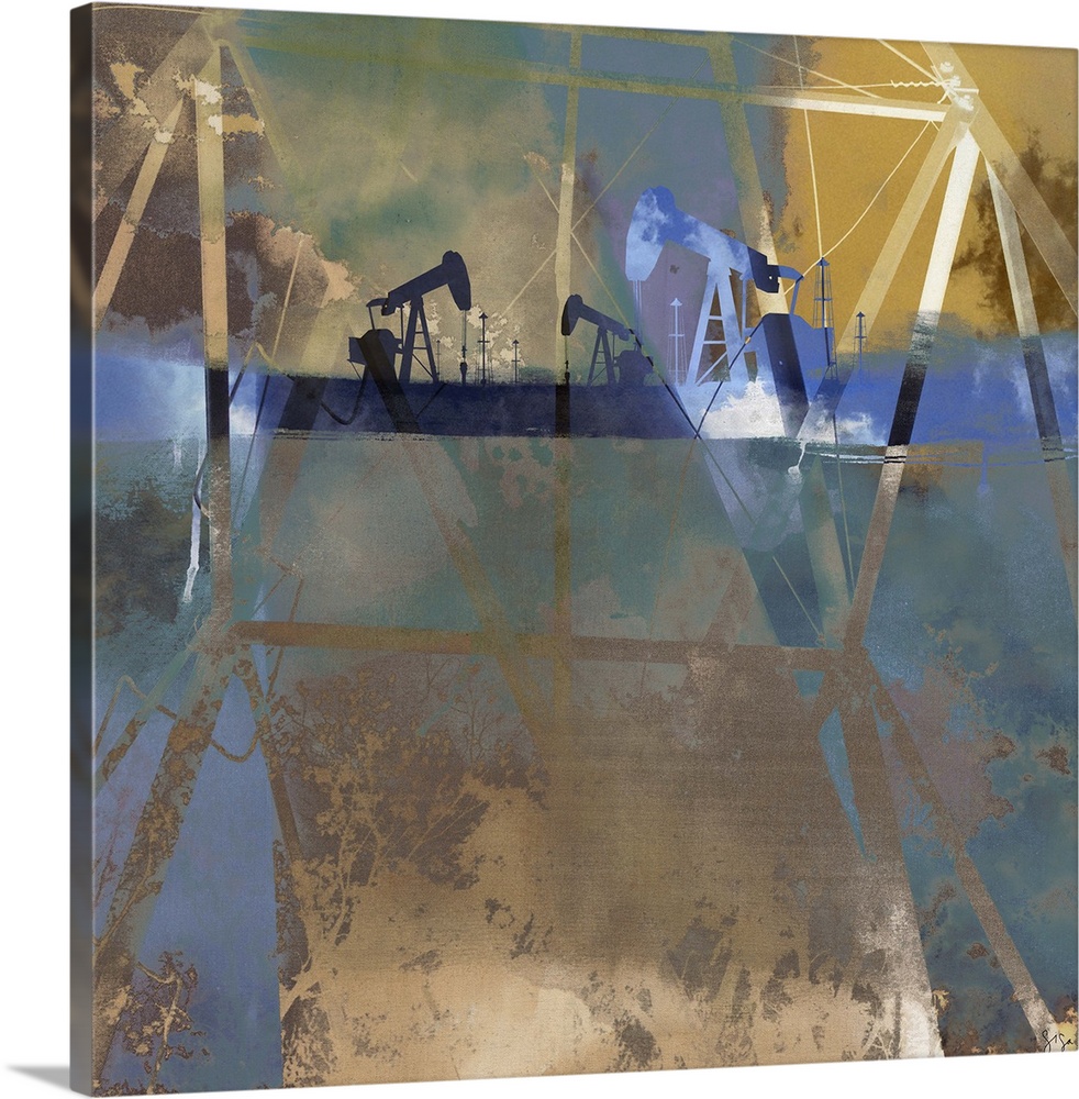 Abstract artwork of oil rigs against a multi-layered and colored surrounding.
