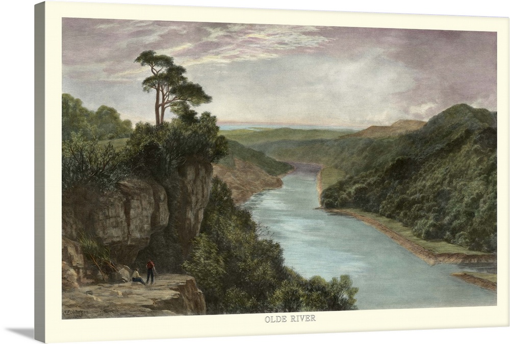 A contemporary artwork of a vintage stylized illustration of a river valley landscape.