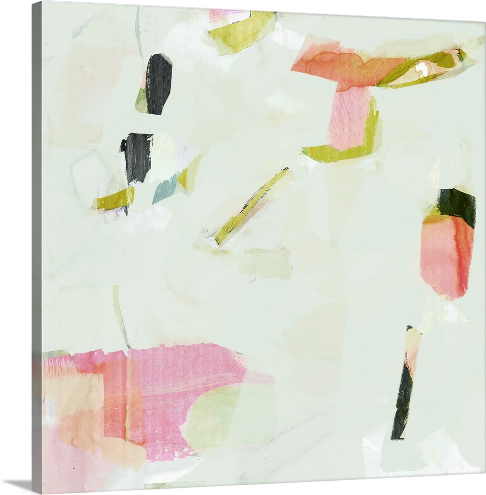 This abstract artwork features scattered pops of pink, orange and green against a soft green background that evokes the fe...