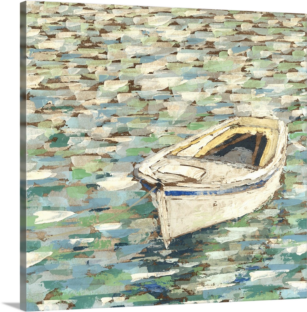 Contemporary painting of an empty row boat in still water.