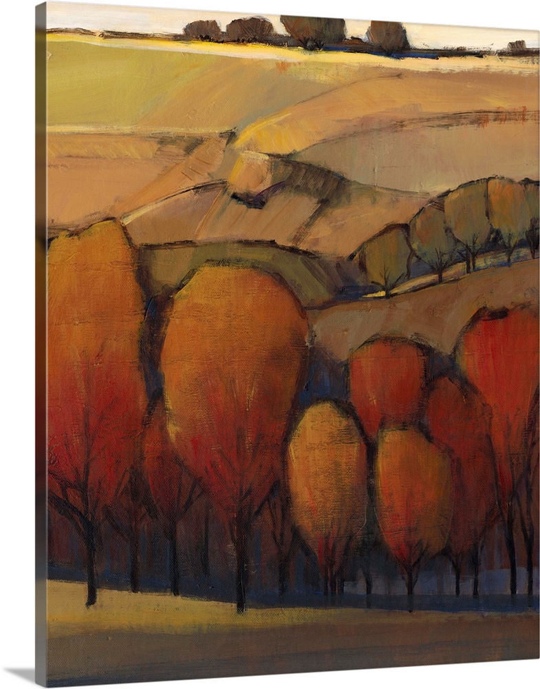 Contemporary painting in warm tones of a rural landscape in autumn.