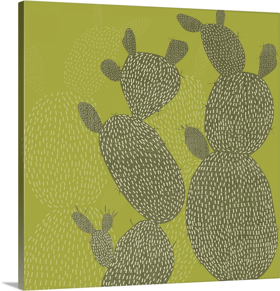 Cactus shapes and designs fill this decorative artwork in light and dark shades of green with a linen texture applied to t...