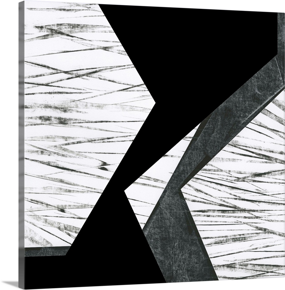 Black and white geometric abstract painting on a square background.