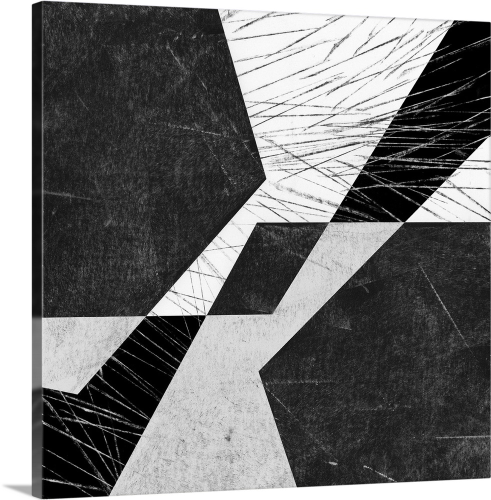 Black and white geometric abstract painting on a square background.