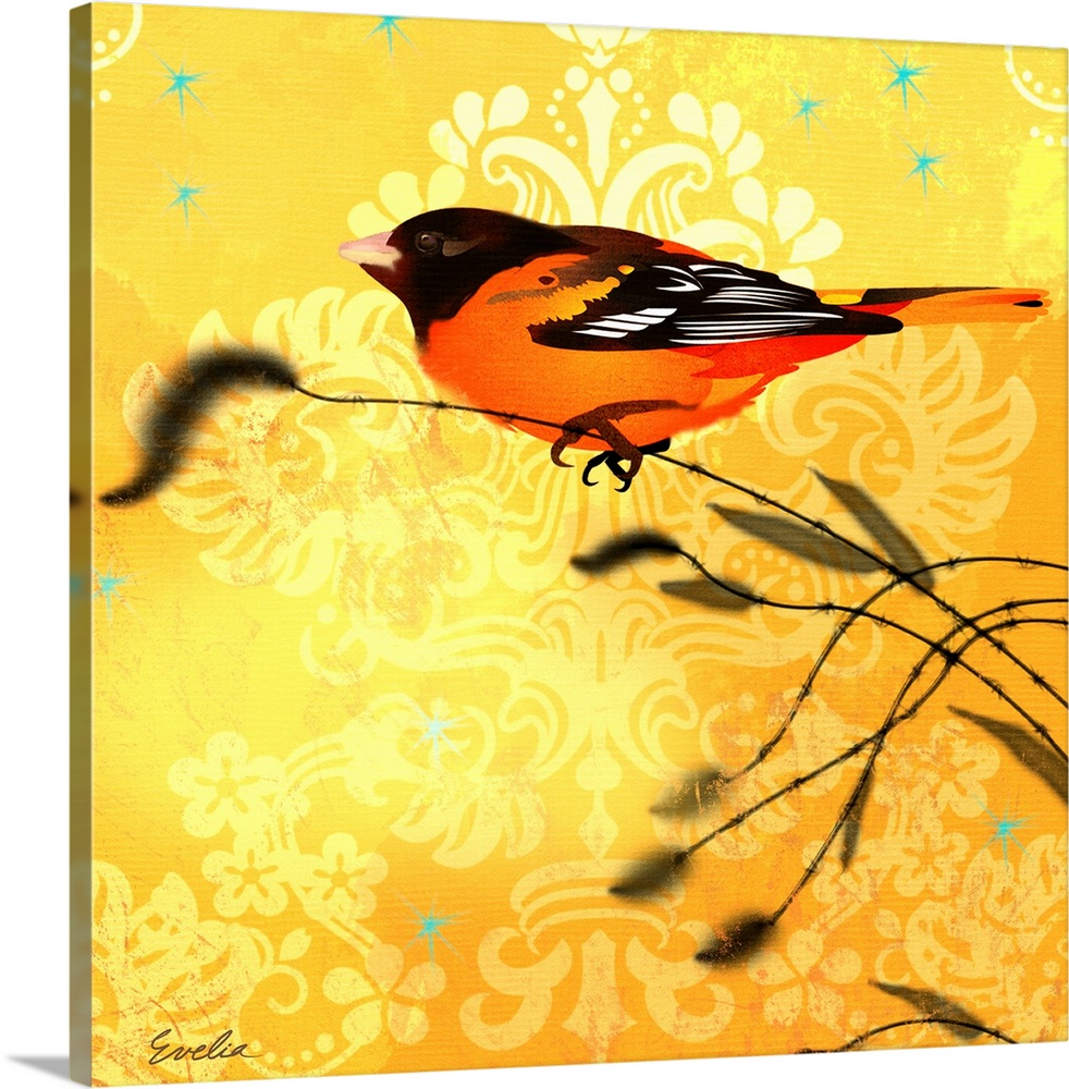 Contemporary artwork of a garden bird perched on a branch against a golden background.