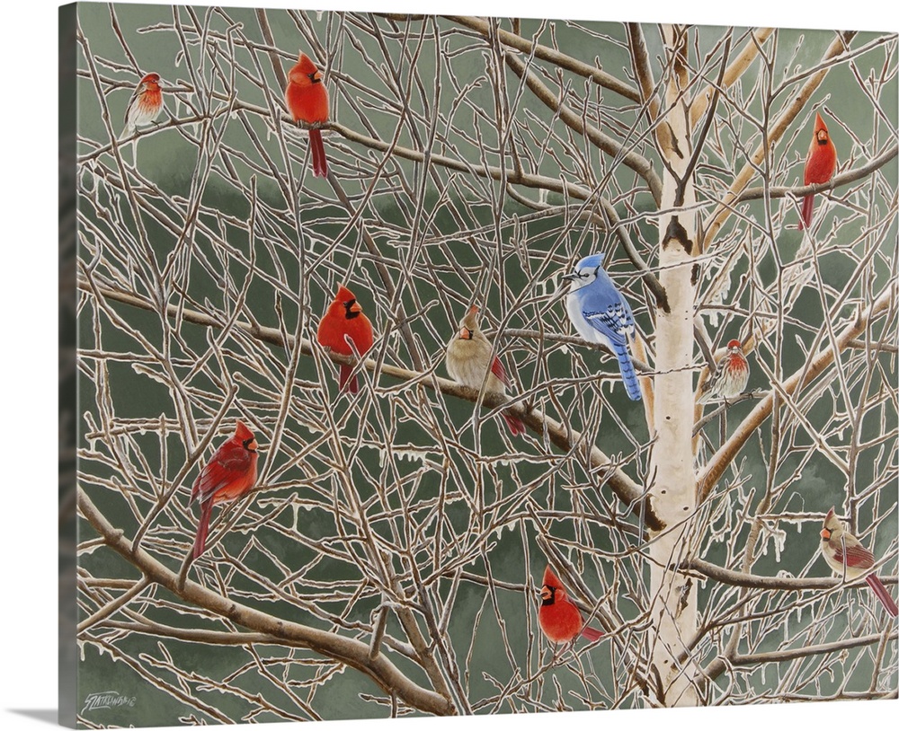 Contemporary painting of several cardinals and a blue jay sitting in a bare tree, resembling Christmas ornaments.