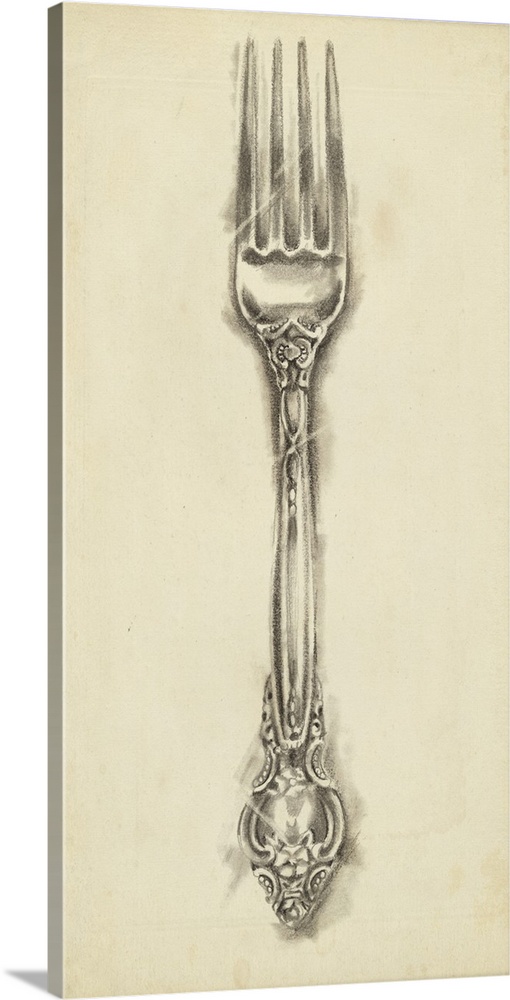 Home decor artwork perfect for any kitchen of an antique silver fork against a beige distressed background.
