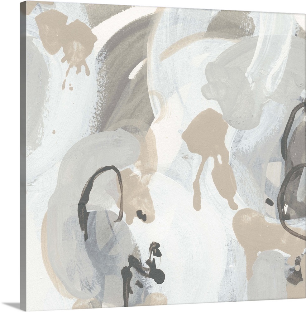 Contemporary artwork in brown and white tones featuring drips and circular brush strokes.