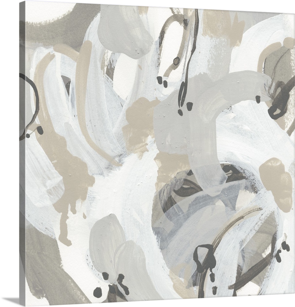 Contemporary artwork in brown and white tones featuring drips and circular brush strokes.