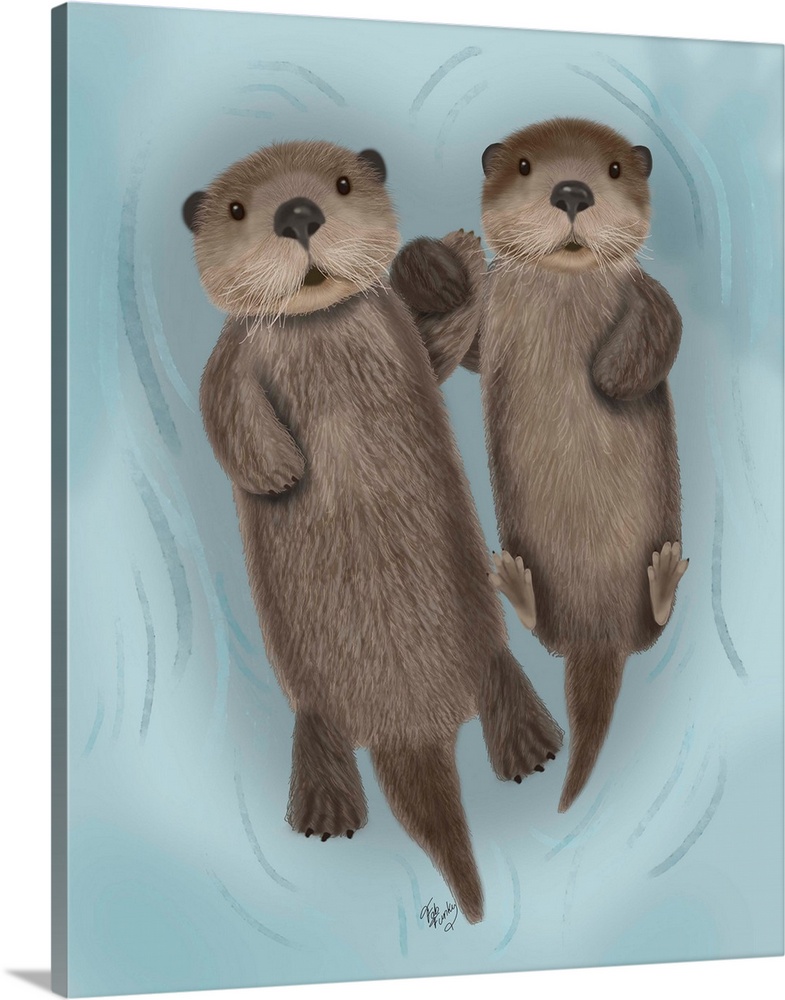 Two cute sea otters floating on their backs and holding hands.