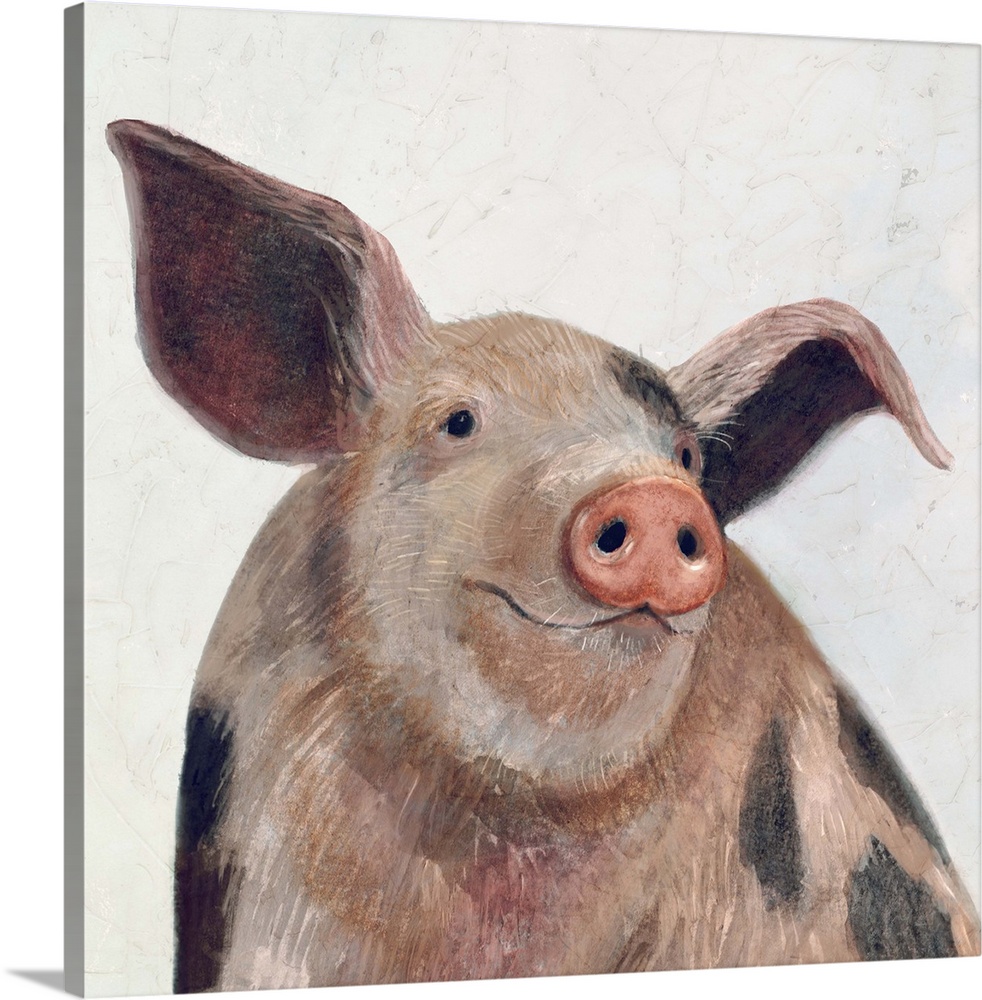 Square painting of a pig with black spots on a neutral background.