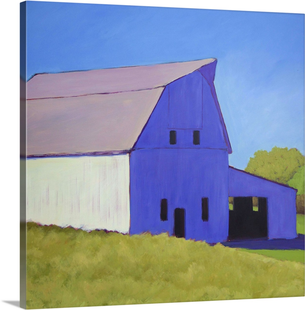 Contemporary painting of a white barn in a rural field in afternoon light.