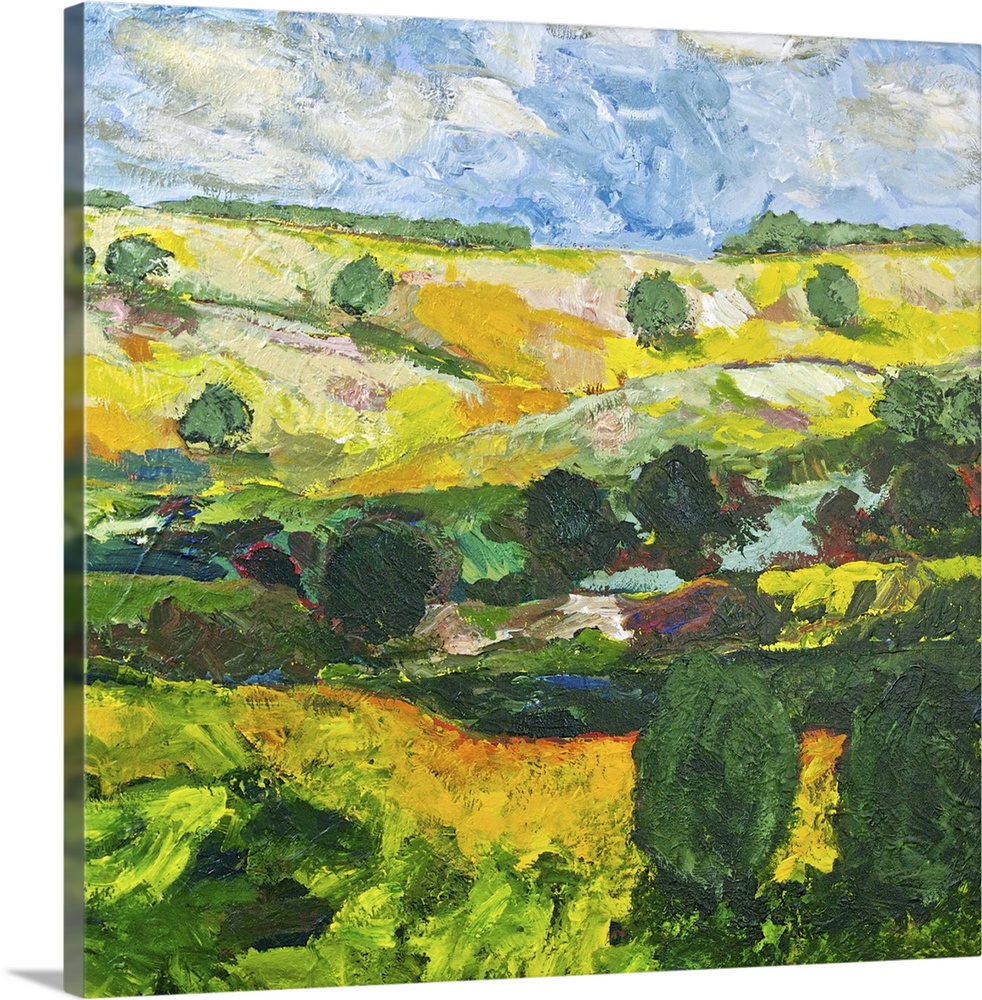 Contemporary painting of a country landscape with trees along the edges of the rolling hills.
