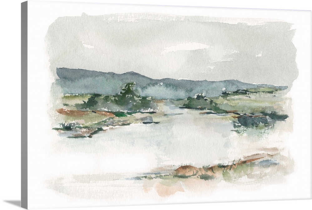 Watercolor abstract landscape in muted earth tones and blues.