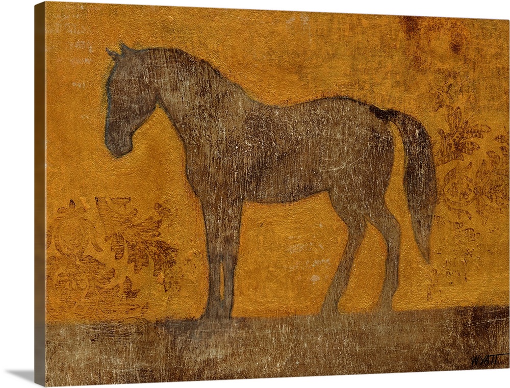 A horse is drawn against a golden brown background with a couple patches of antique design. There is a distressed look ove...