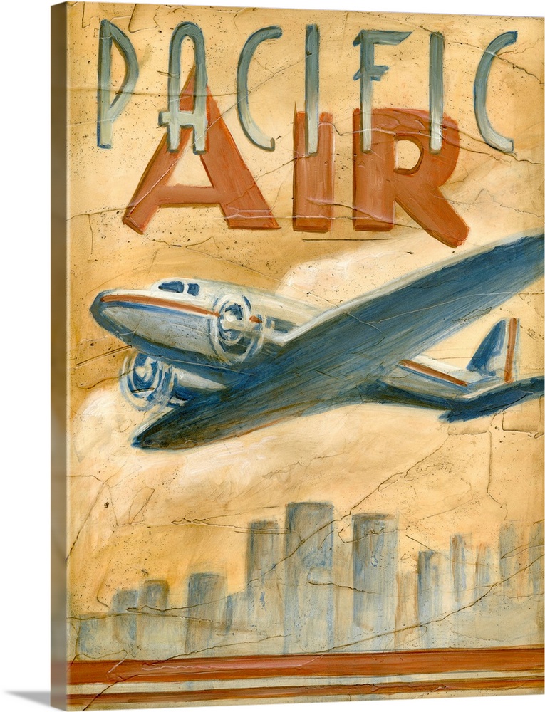 Vertical artwork on a large wall hanging of a vintage advertisement for Pacific Air.  A large jet flies over a city skylin...