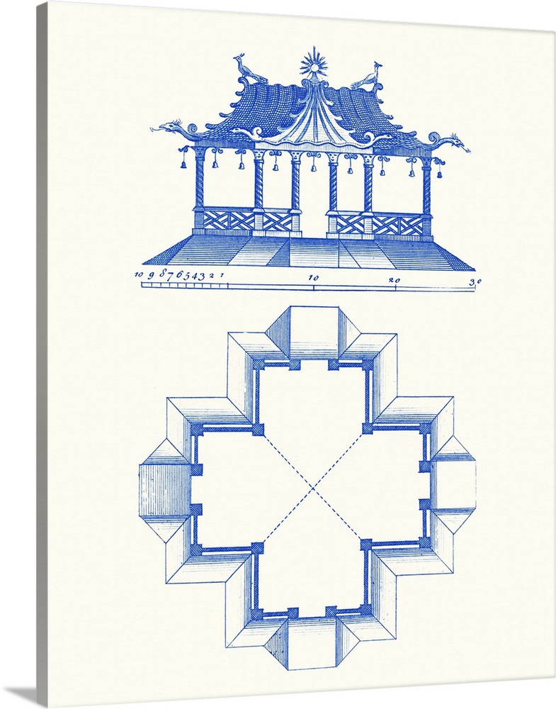 Vertical decorative artwork of a simple pagoda blueprint featuring an architectural drawing.
