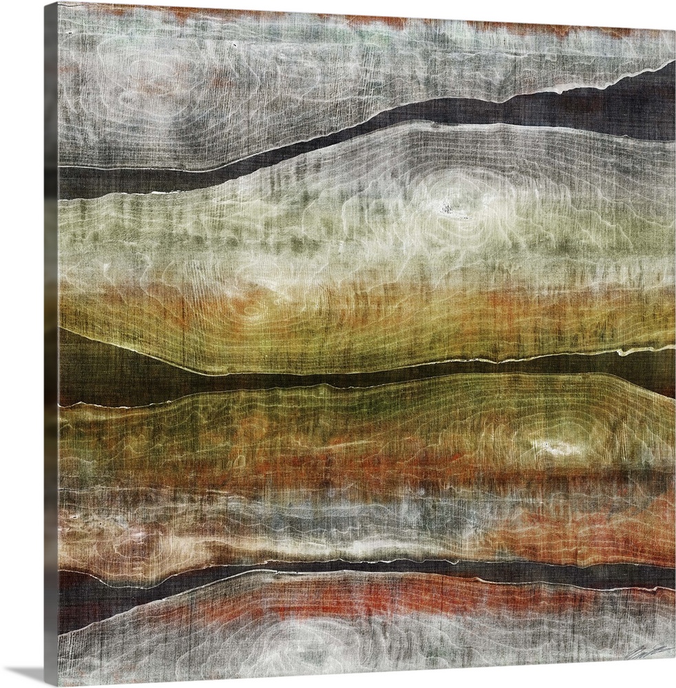 Contemporary abstract artwork in earth tones layered with dark grey.