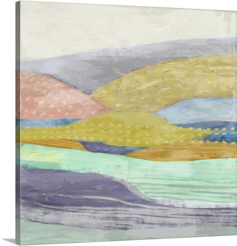 Abstract painting of a multi-colored hilly landscape.