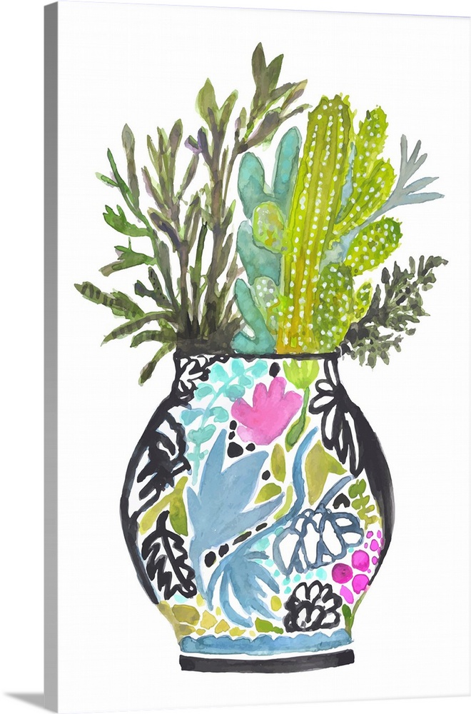 Painted Vase With Cactus