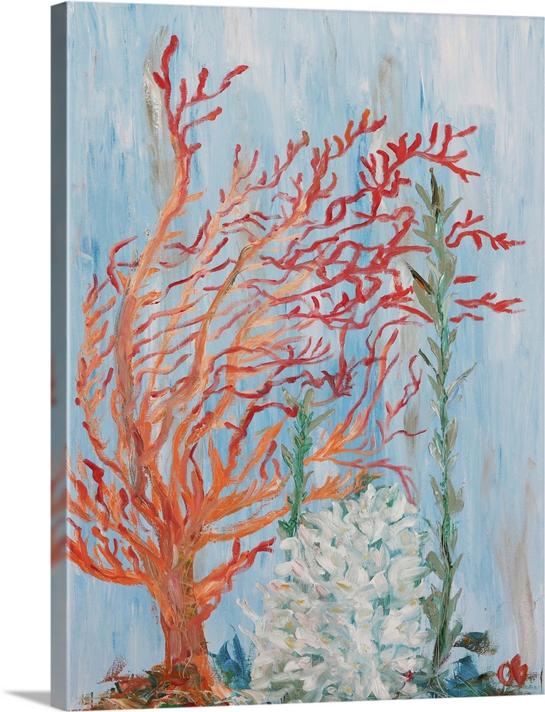 Painting of bright red coral with green seaweed.