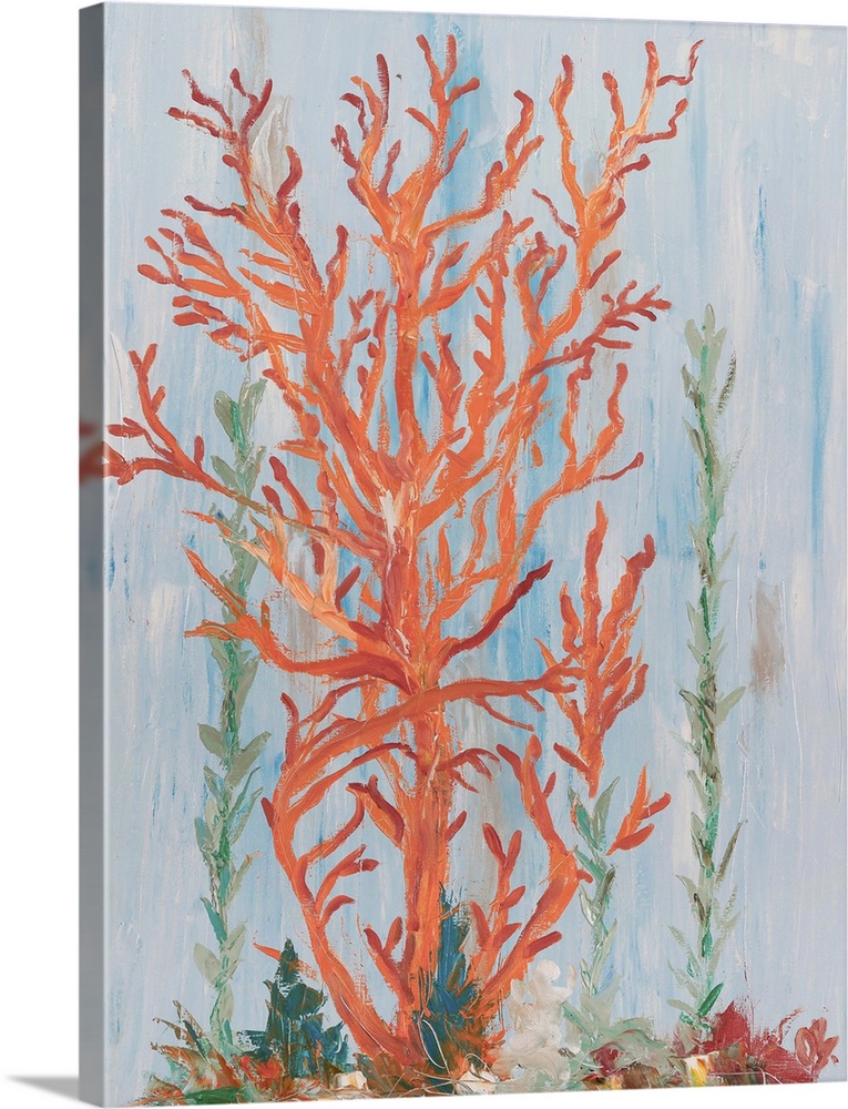 Painting of bright red coral with green seaweed.