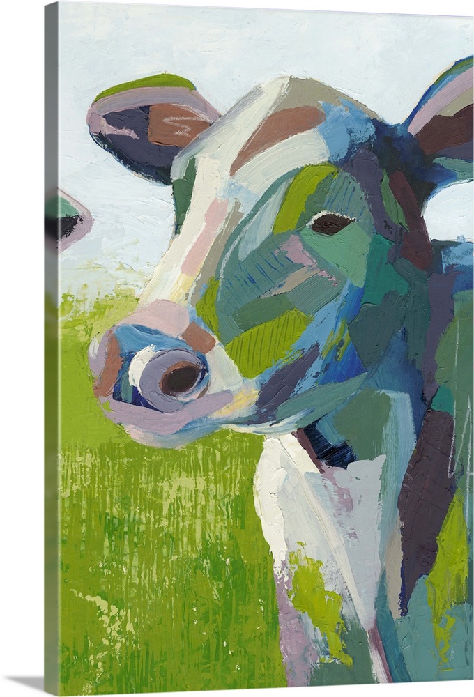 Contemporary colorful painting of a cow in a field.
