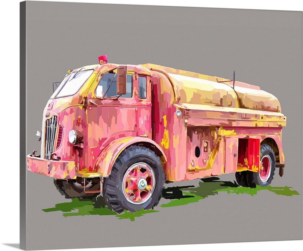 Artwork of a vintage firetruck on a neutral grey background.