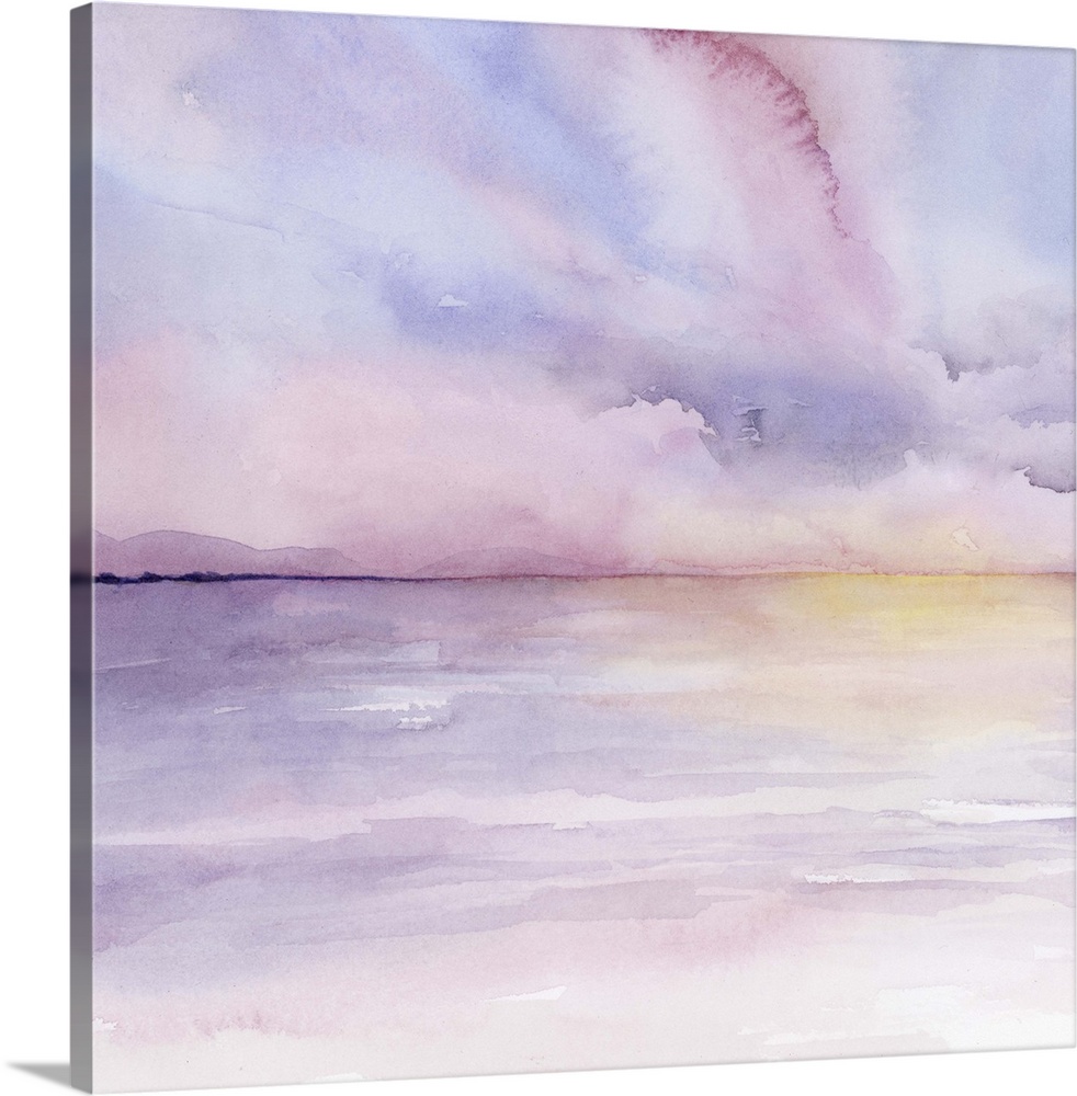 Abstract landscape of a sun setting on the sea in pastel colors.