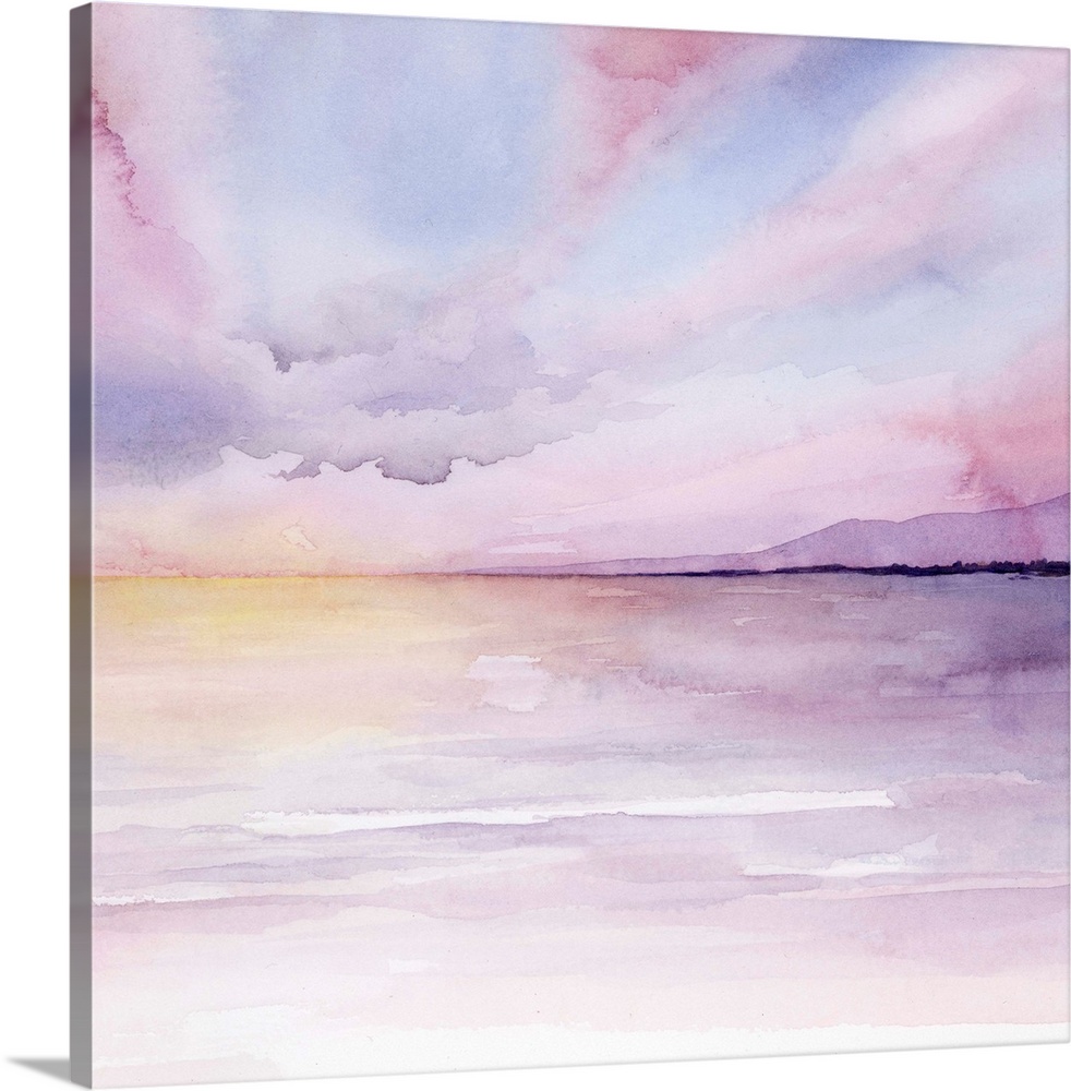Abstract landscape of a sun setting on the sea in pastel colors.