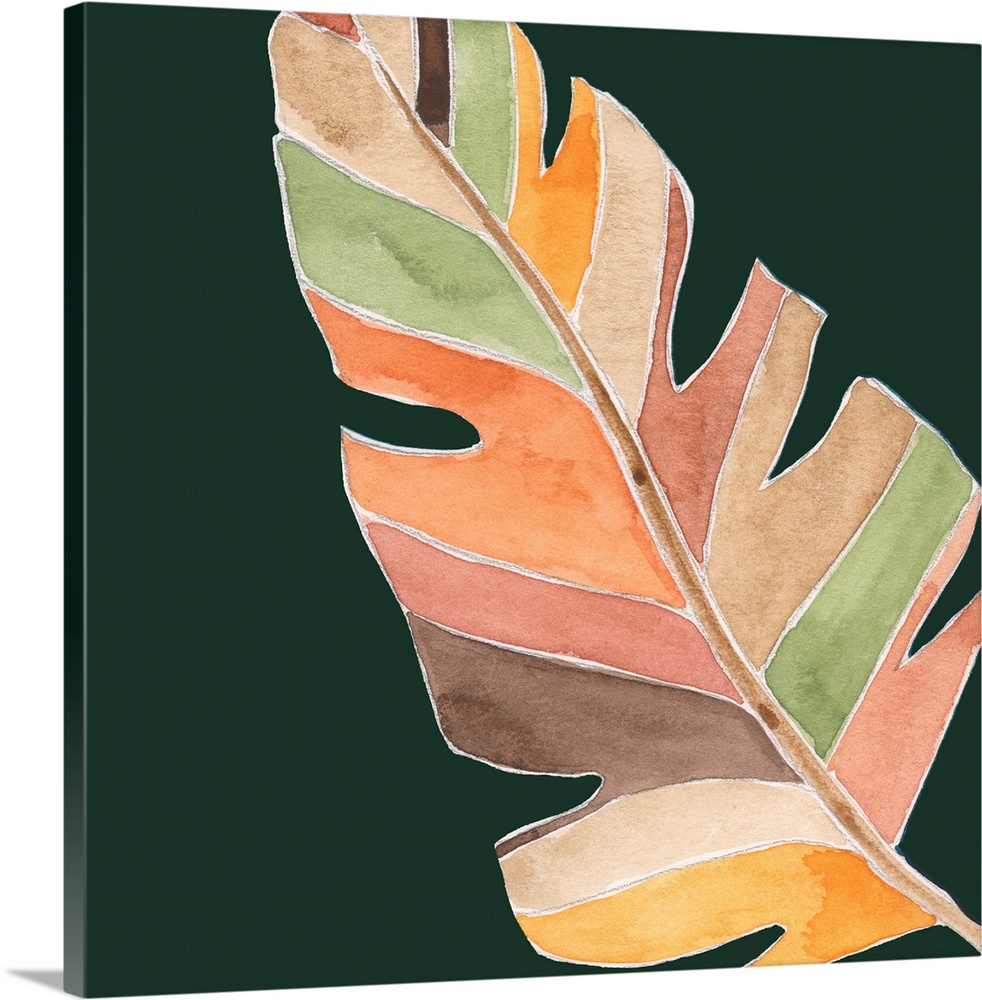 Contemporary painting of a watercolor palm frond on a dark green background.