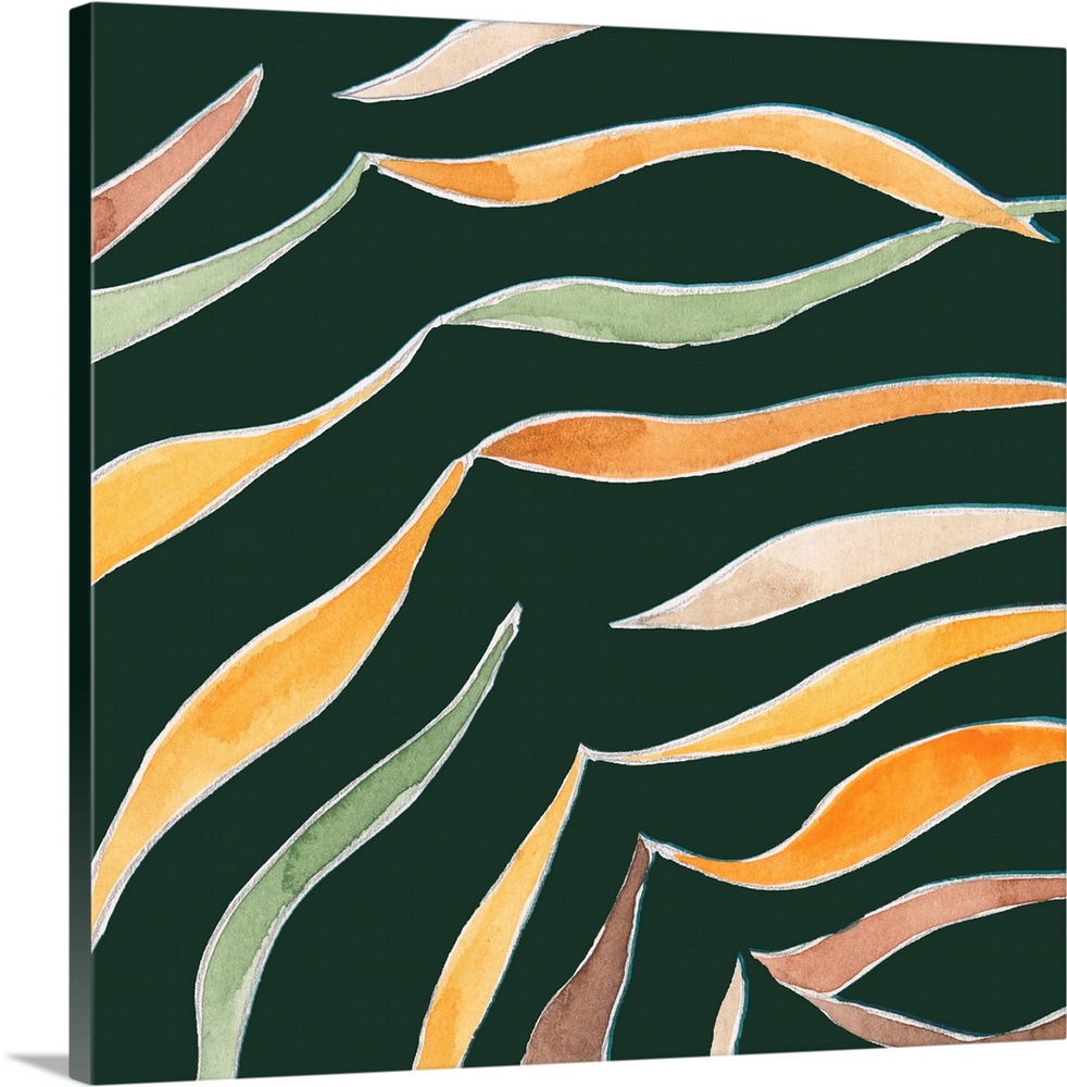 Contemporary painting of a watercolor palm frond on a dark green background.