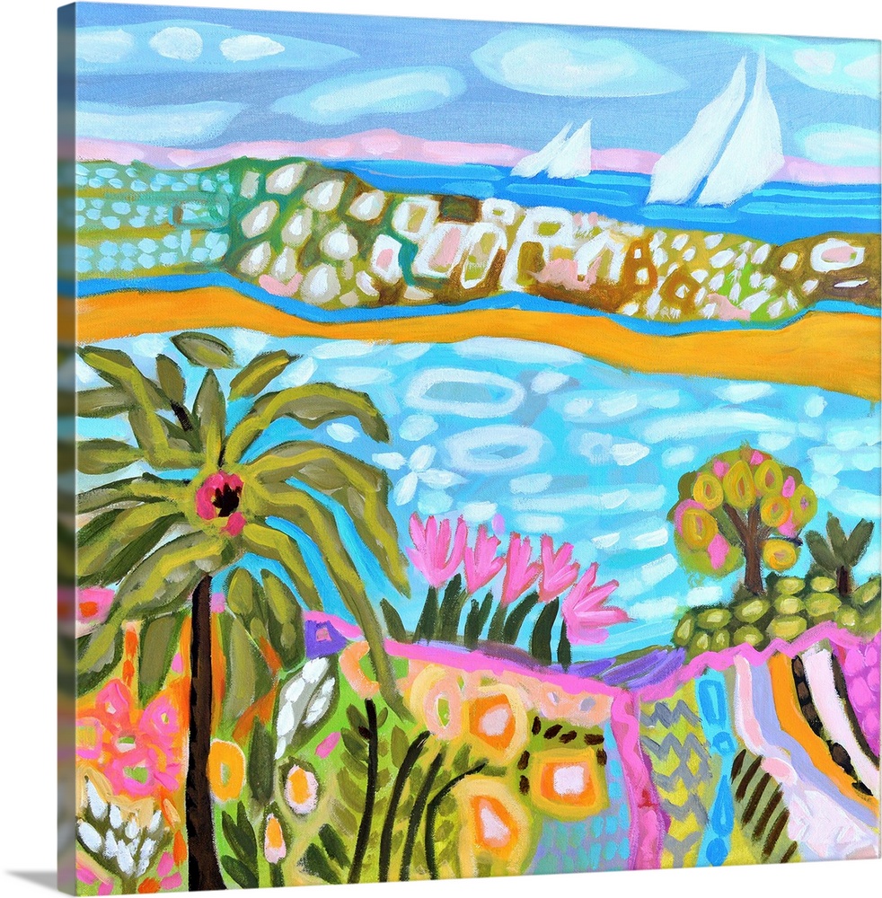 Boho style landscape painting of a coastal scene with palm trees and a sailboat.