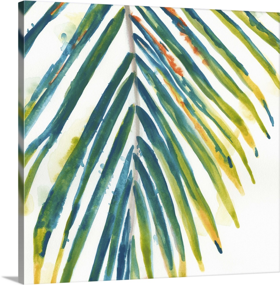 Watercolor painting of a palm frond with teal and yellow leaves.
