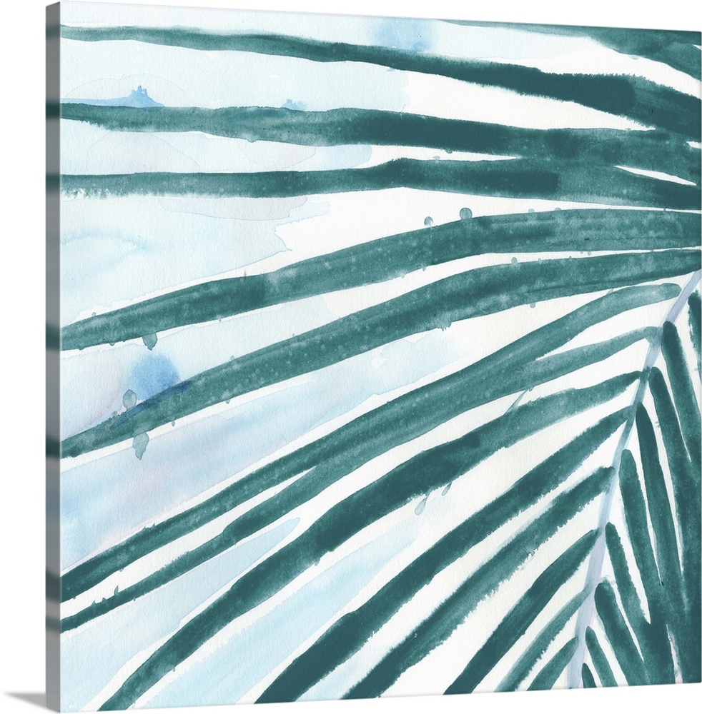 Watercolor painting of a palm frond with teal leaves.