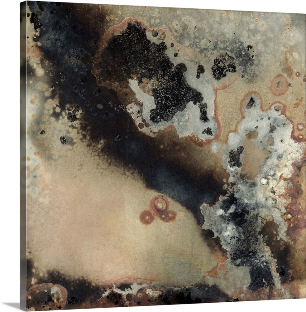 Contemporary abstract painting using dark smokey colors and rough geological looking textures.