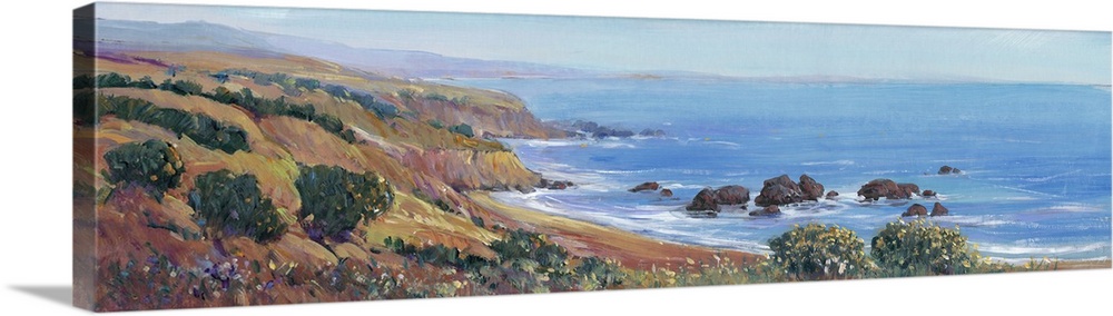 Painted panoramic landscape of a rocky cliff ocean coast.