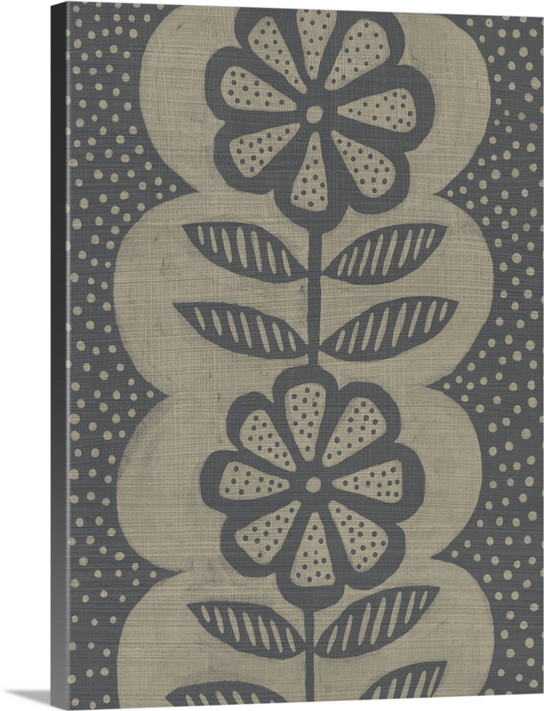 Contemporary floral motif in muted gray and brown tones.