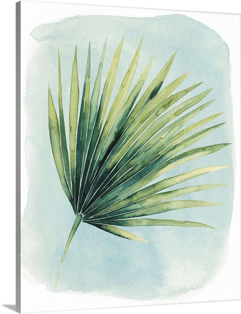 Watercolor artwork of a broad green palm leaf on pale blue.