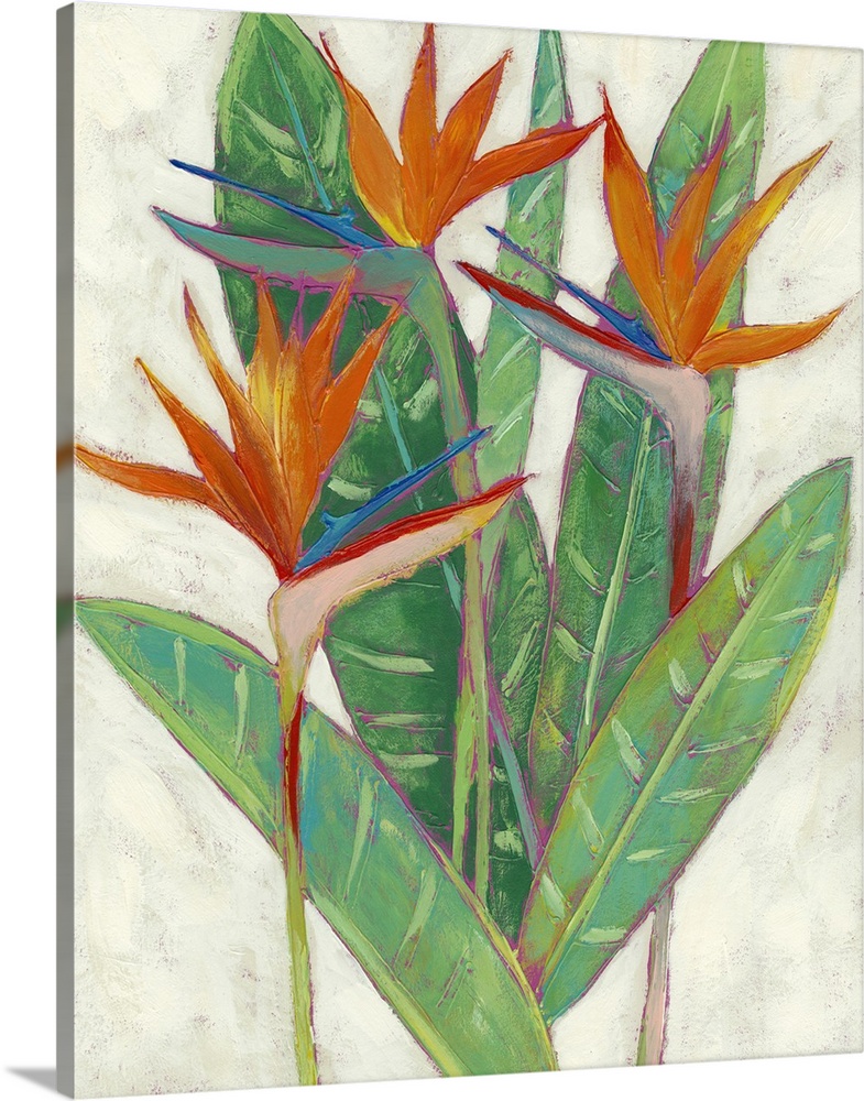 Contemporary painting of a tropical flower against a neutral distressed background.