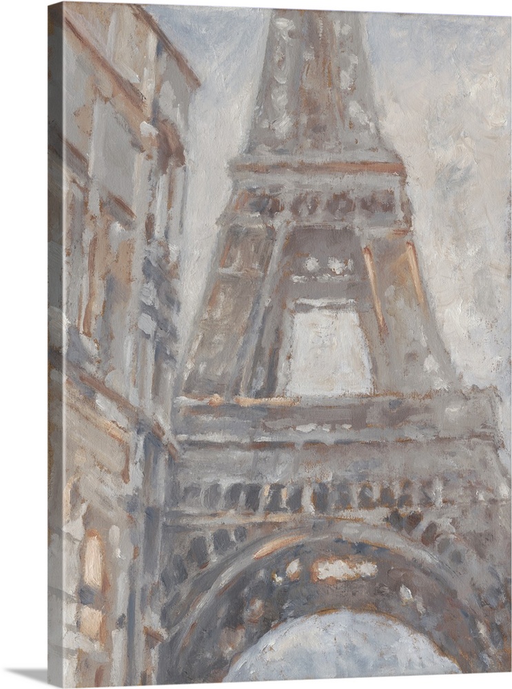 Obscure wide brush strokes illustrate the view of the Eiffel tower from the street in this vertical contemporary artwork.