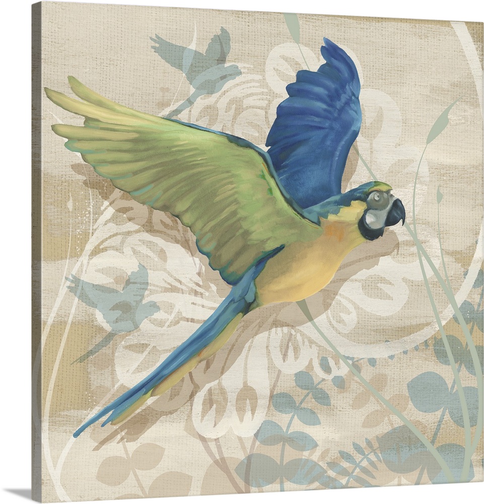 Painting of a Blue and Gold Macaw in flight over a floral motif.