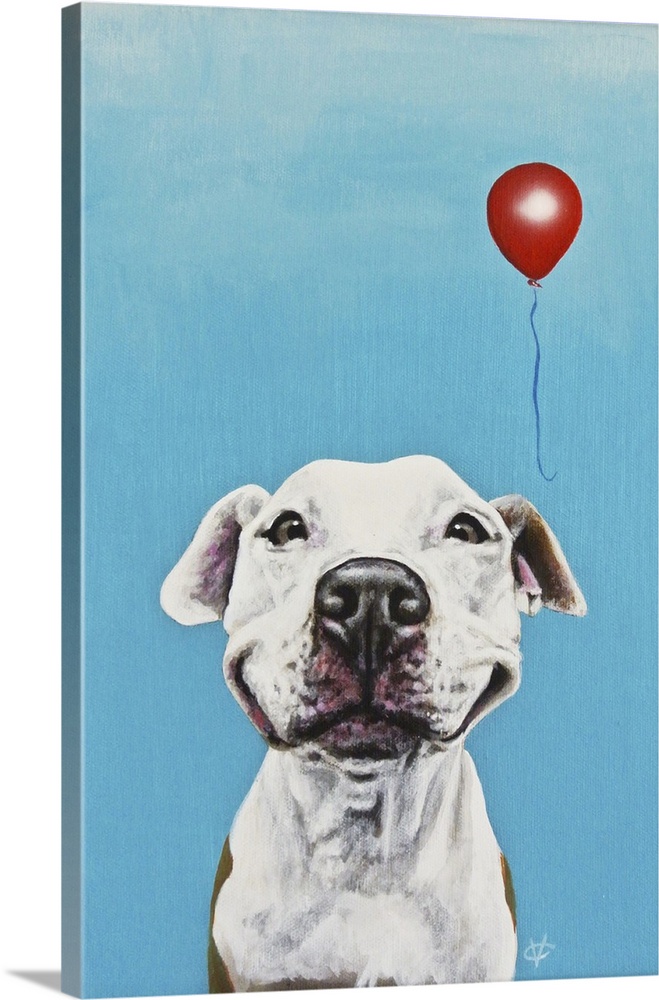 Artwork of a white dog smiling with a red balloon, on a blue background.