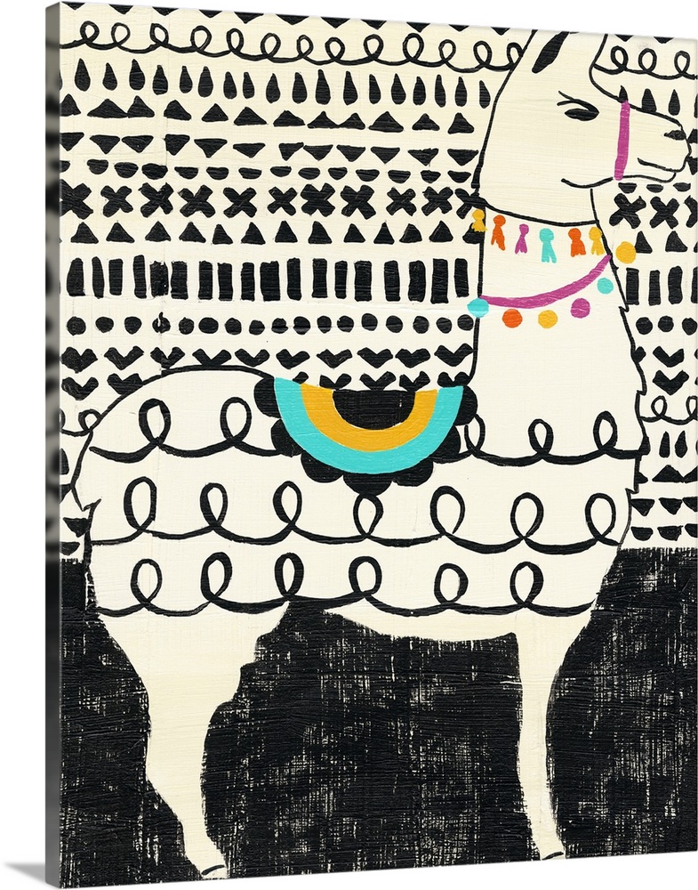 Whimsical painting of a llama in black and white wearing colorful party decorations.